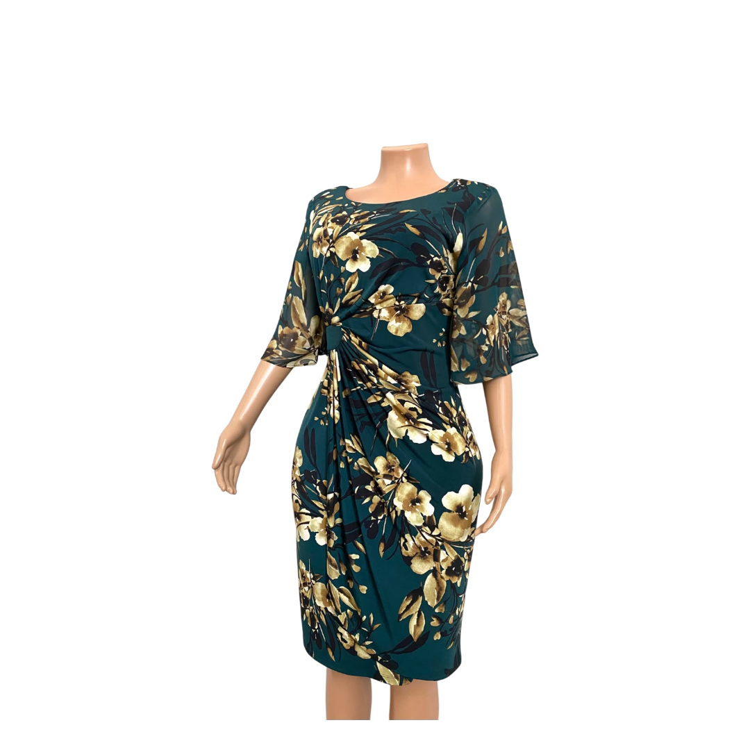 Connected Apparel green w/beige flowers Dress - Size 10