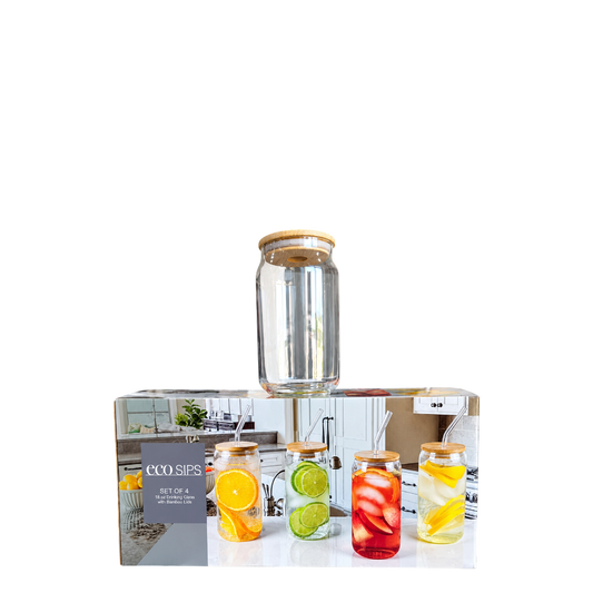 Eco Sips set of 4 18 oz drinking Glass with Bamboo lids and straw