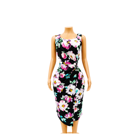 Connected Apparel Sleeveless Black many flowers Dress - 12