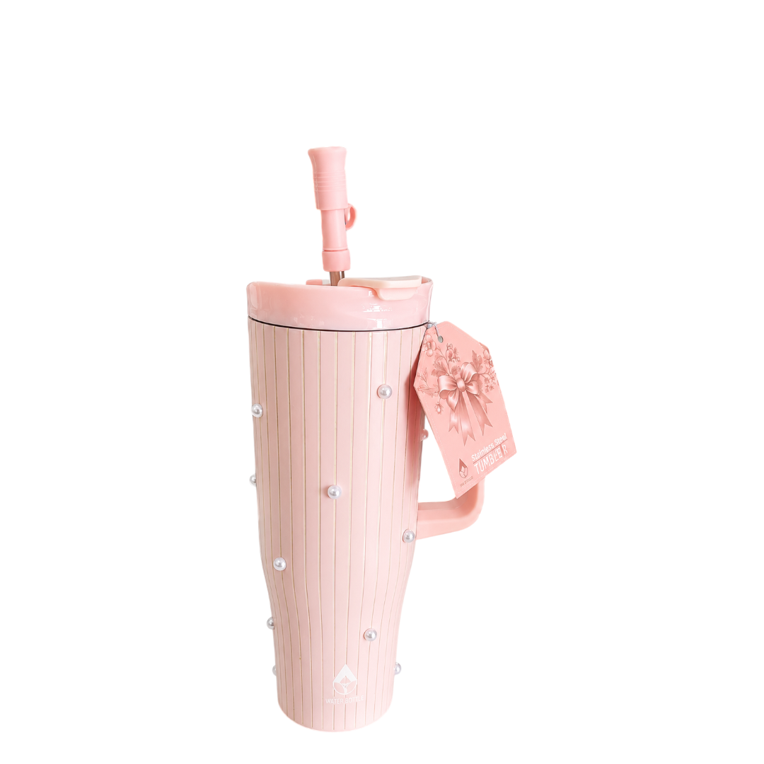 Wellnes 40 oz tumbler PINK/lines with pearls