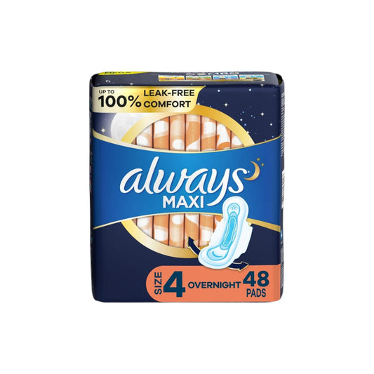 Always Maxi Overnight Pads with Wings, Overnight, Unscented, 48 Ct