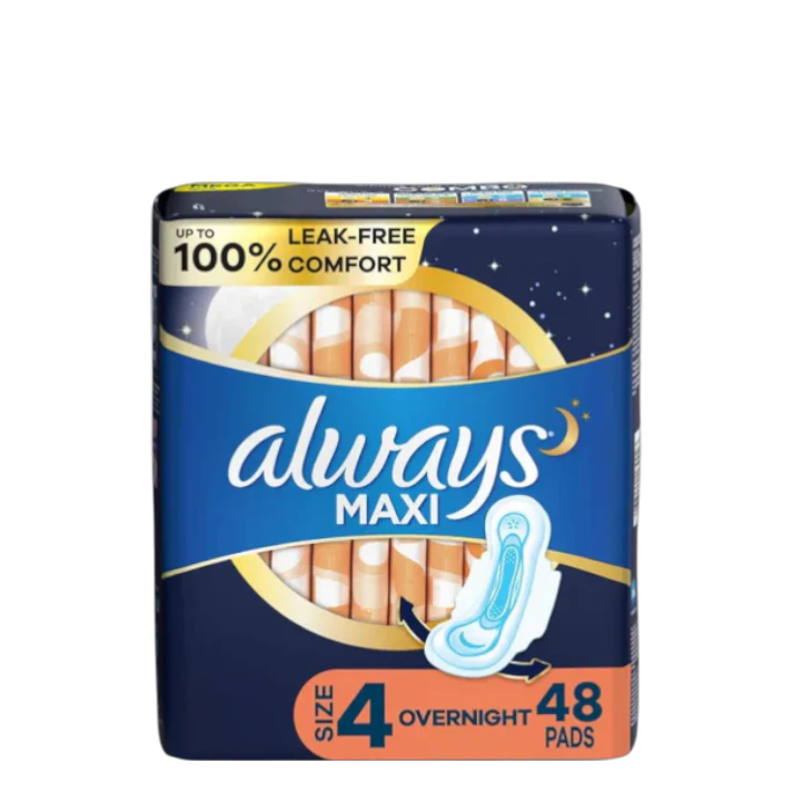 Always Maxi Overnight Pads with Wings, Overnight, Unscented, 48 Ct