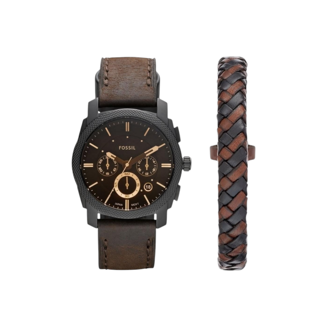 Machine Chronograph Dark Brown Leather Watch and Bracelet Box Set