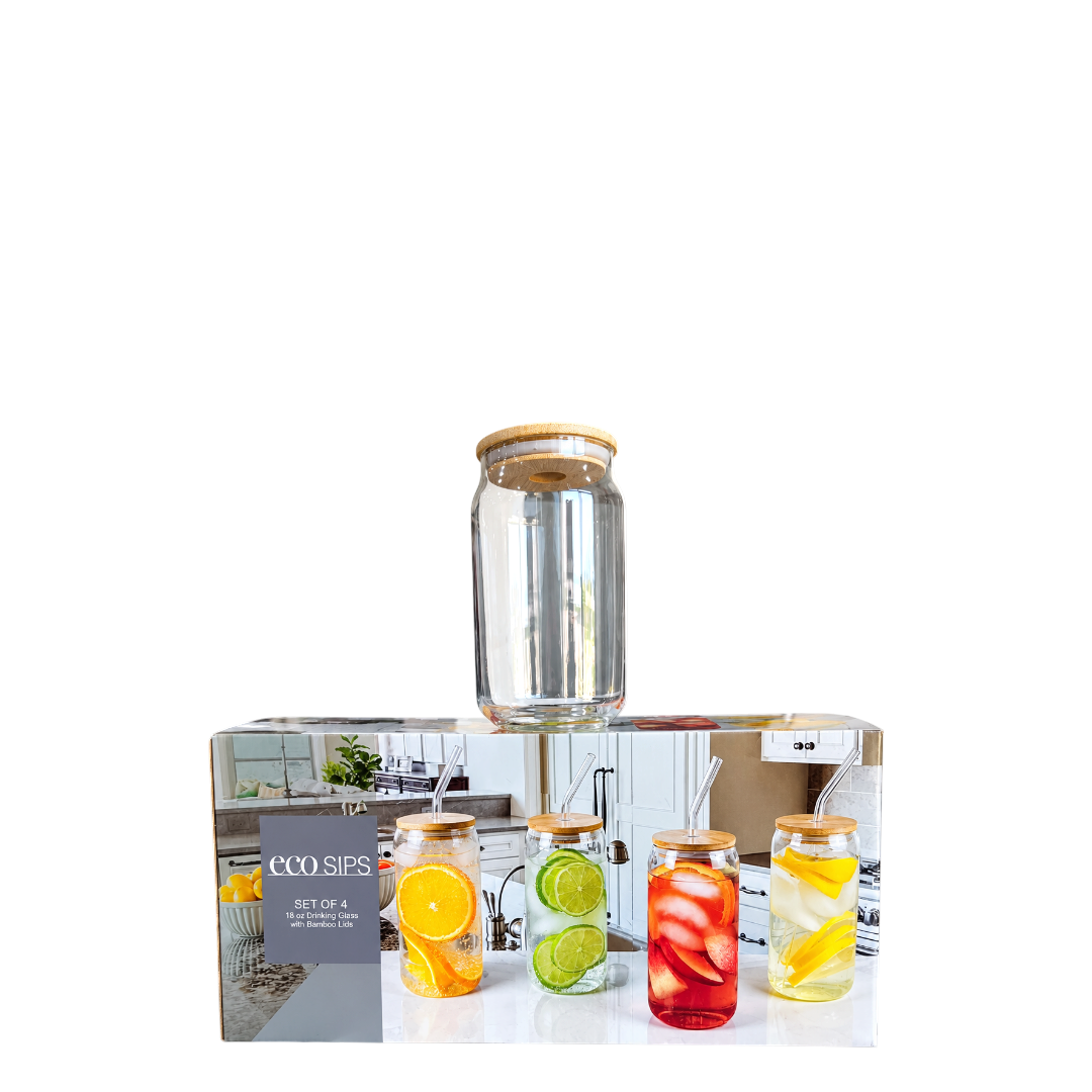 Eco Sips set of 4 18 oz drinking Glass with Bamboo lids and straw