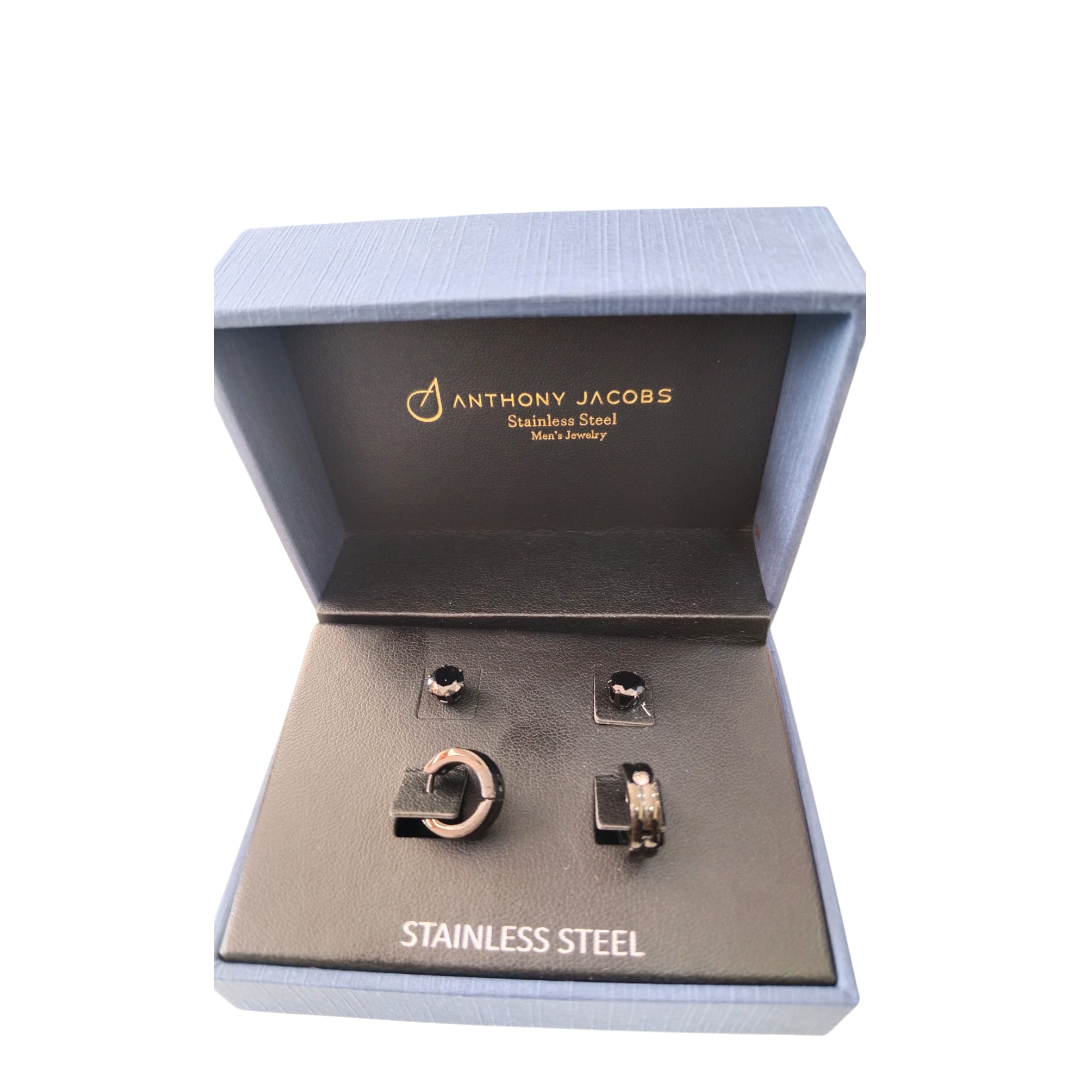 Anthony Jacobs Stainless Steel Men Black Stud & Hoop Earrings