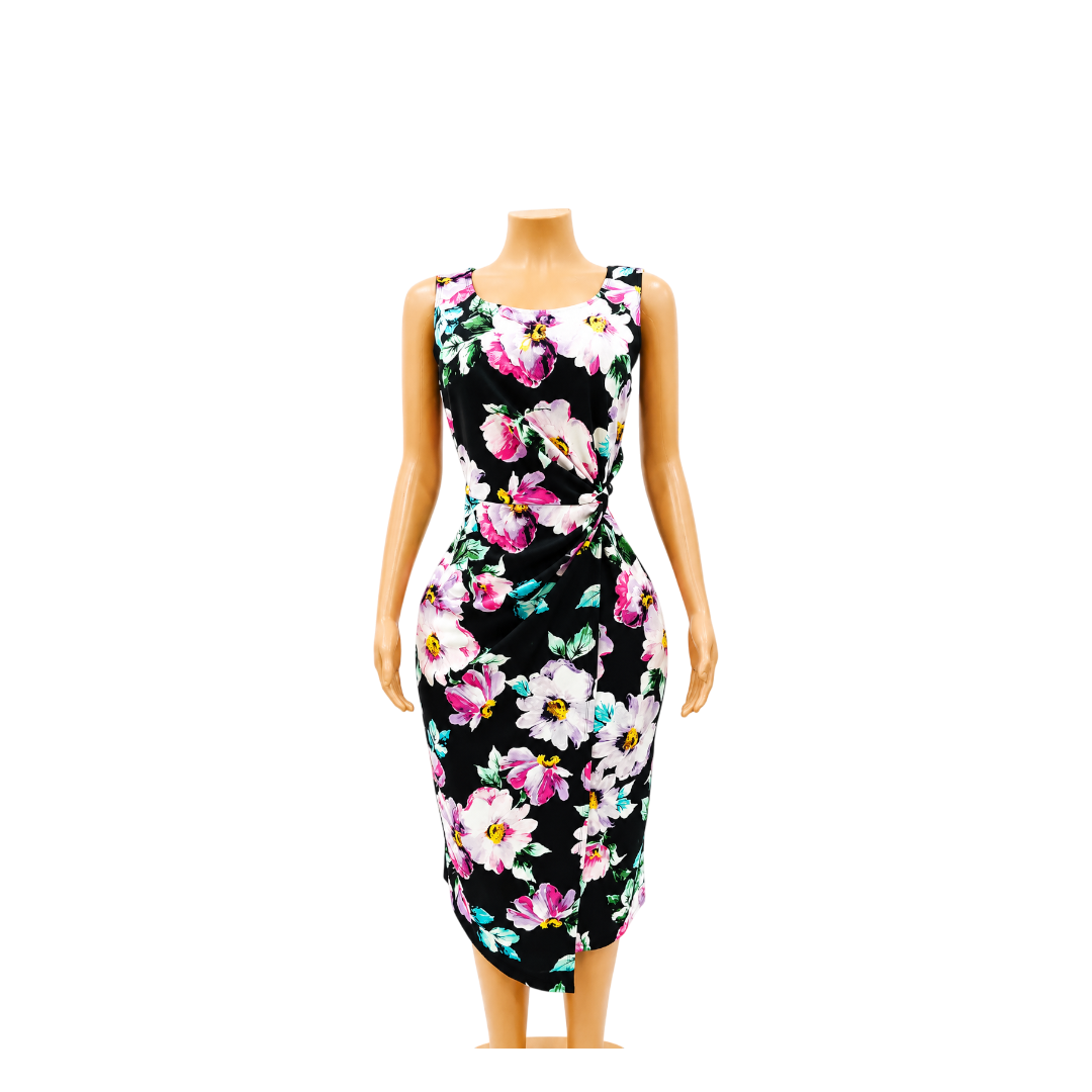 Connected Apparel Sleeveless Black many flowers Dress - 12